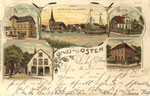 Lithografie Gruss aus Osten, Kaiserl. Postamt, Apotheke, Geschäftshaus J.H. Oellerich, Königl. Amtsgericht